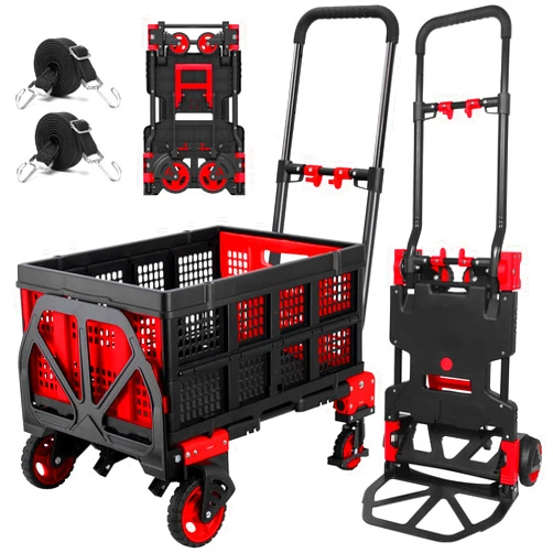 T.Chilyn 2-in-1 Hand Truck Dolly with Folding Basket,Folding Hand Truck with Rubber Wheels and Telescoping Handle,Heavy Duty Hand Truck with 330lbs Capacity,Portable Dolly Cart with Bungee Cords for Moving