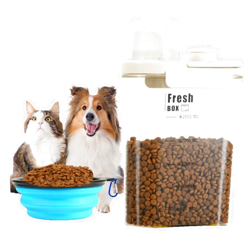 YAUVC Cat Food Storage Container - 2.5L Portable Pet Food Storage Container Airtight Dog Food Storage Container with Measuring Cup, Cat Food Bowl Hidden Hand Food Container for Dogs & Cats-White
