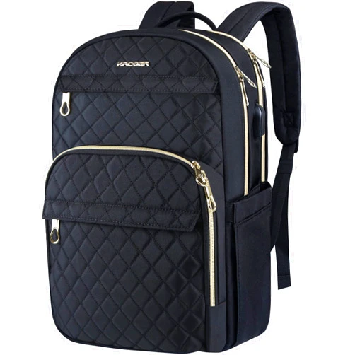 KROSER Laptop Backpack 15.6 Inch Stylish Daypack with USB Charging Port, Water-repellent Nylon Backpack Backpack for Travel/Business/Women/Black
