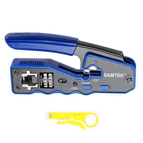 SAMTEK New RJ45 Crimp Tool Pass Through Crimper, All in One Crimping Tool Ethernet Cable Crimper Stripper for Cat6a Cat6 Cat5 Cat5e, Cuts, Strips, Crimps Pass Through Connectors