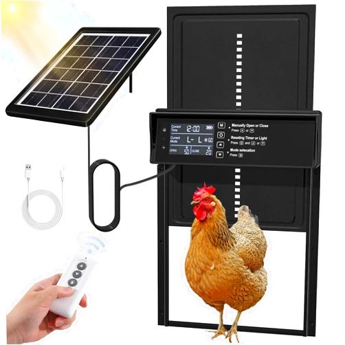 Shikha Solar Chicken Coop Door, Automatic Chicken Door Solar Powered & USB Charging, Auto Chicken Door 4 Modes with Timer & Light Sensor, Anti-pinch & Alert, Remote, LED Screen, Aluminum Waterproof Coop Door