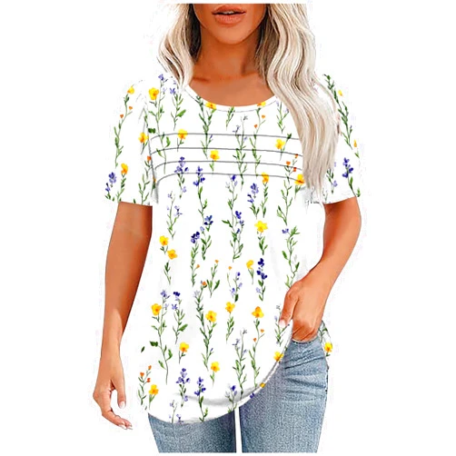 Generic Summer Tops for Women Crewneck 3/4 Sleeve Dressy Blouse Floral Print Tops Casual Pleated Short Sleeve Shirts