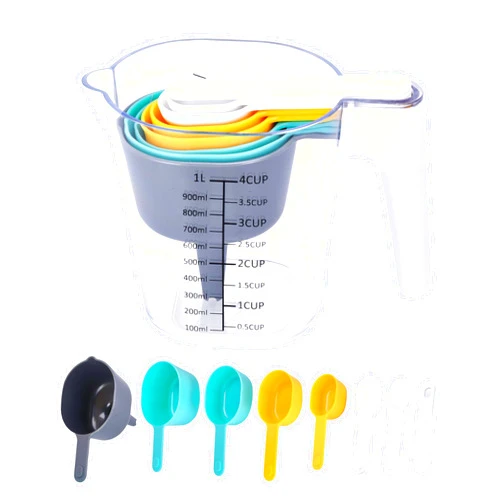 Noa Store Plastic Measuring Cups Set - Accurate Measurements - Compact Stackable Design - Multicolored Cups & Transparent Main Measurer - Food-Grade Material - for Kitchen Cooking - 5.2