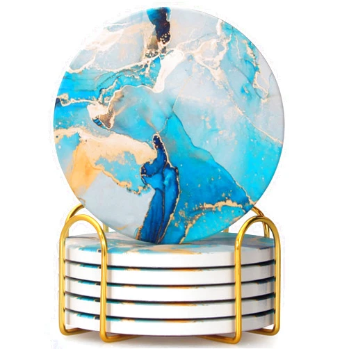 Dksyee 6 Pcs Light Blue Marble Abstract Ceramic Coasters with Holder Best Round Drink Coasters Absorbent Coaster for Desk Lounge Coasters Coffee Coasters Wine Coasters Beverage Coasters Bar Coasters Set