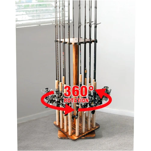 Ghosthorn Fishing Rod Holders for Garage 360 Degree Rotating Fishing Pole Rack, Floor Stand Holds up to 16 Rods Wood Fishing Gear Equipment Storage Organizer, Fishing Gifts for Men