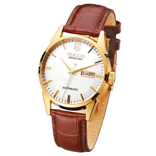 ROCOSJEWE R0101 Men's Automatic Mechanical Watch Golden Luxury Watch for Men Classic Retro Wristwatch Day Date Brown Leather Strap Dress Watches Waterproof Gift for Men Fashion Business