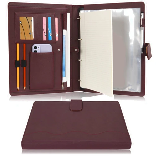 Wonderpool A4 PU Leather Ring Holder Writing Portfolio Multi Document Case with Removable Binder Clipboard and Functional Pocket for Organizer Office Travel School (Coffee)