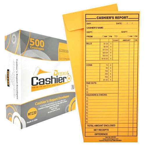 CASHIER DEPOT YOUR ONE STOP SHOP FOR ALL CASHIER'S NEEDS 1000 Cashier Depot - Cashier's Report Envelope MT230, 4 1/2