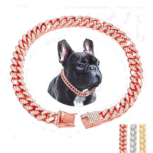 YOUALSO Rose Gold Chain Dog Collar with Bling, Glitter Rhinestone Sparkly Diamond Metal Necklace Cuban Link Cat Collars for Small Medium Large Pet Dogs Puppy, Pink 8 inch