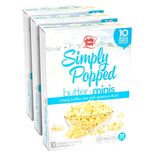 Jolly Time Simply Popped Butter Minis, Lightly Salted Microwave Popcorn, 1.5oz Personal Bag, 10 Bags Per Carton (1.5 Ounce (Pack of 30))