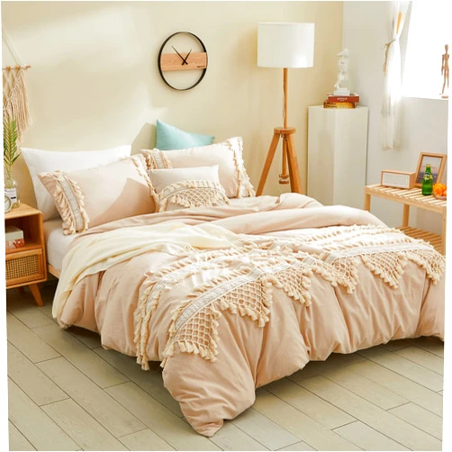 Softta Vintage 3Pcs Duvet Cover Bedding Set Triangle Tassel Fringed Twin 100% Washed Cotton and Elegant Ruffle Lace Hidden Zipper Closure Bedding Collections Light Camel tan