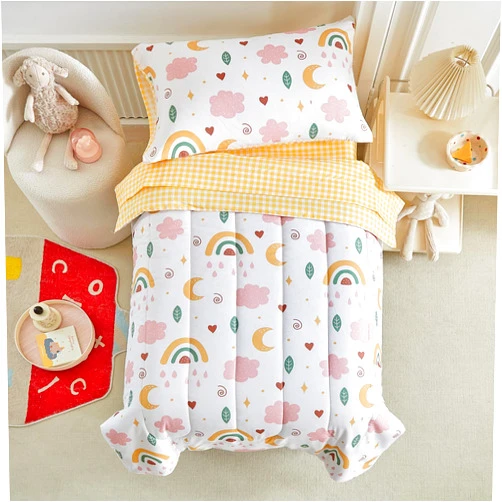 Joyreap 4 Piece Toddler Bedding Set for Girls- Pink n Yellow Clouds Moon Rainbow Lovely Design, Microfiber Toddler Bedding Comforter Set for All Seasons