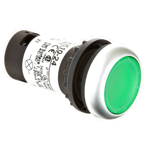 Eaton C22-DL-G-K10-24 Pushbutton Switch, Illuminated, Flush Mounted, Momentary Operation, Green LED Color, Silver Bezel Color, SPST-NO Contacts, 24VAC/VDC Voltage