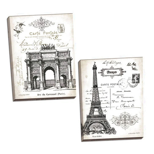 Gango Home Decor Beautiful Vintage French Landmarks, Arc Du Carrousel and Eiffel Tower; Paris Décor; Two 11x14 Hand-Stretched Canvases