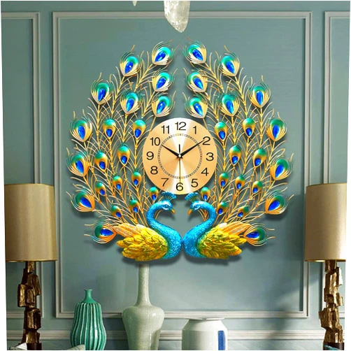 EURSON Large Peacock Wall Clock 27.6 inch Non-Ticking Silent Crystal Creative Personality Modern Art Decorative Wall Clocks for Living Room Decor (27.6 * 27.6inch, Yellow)