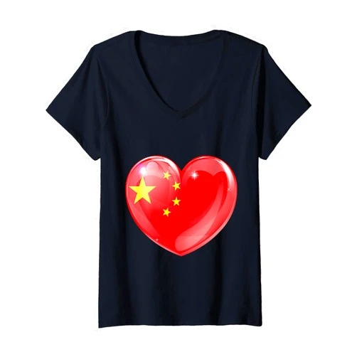 Heart Shaped Chinese Flag China Love Design Womens Heart Shaped Chinese Flag China Love Patriotic Design V-Neck T-Shirt