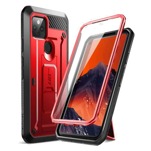SupCase Unicorn Beetle Pro Series Case for Google Pixel 5 (2020 Release), Full-Body Rugged Holster Case with Built-in Screen Protector (Metallic Red)