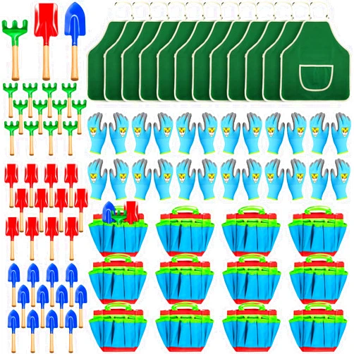 Wettarn 72 Pcs Gardening Tool Set Gardening Tool Kit for Kids Includes Metal Shovel Rake Trowel Apron Gardening Gloves Tote Bag Funny Outdoor Garden Toys Gift for Girls Boys