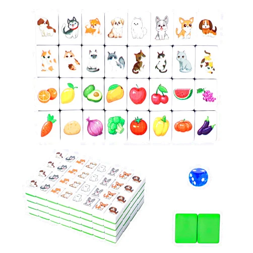 GRACIAS 4 Players Mahjong Block Set, 128 Green Tiles(1.18”) with Animal and Food Pattern, Portable Mahjong Set with A Carry Bag, Mahjong Tile Game
