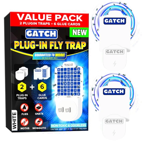 GATCH Indoor Plug-in Fly Trap for Flies (2 Pack + 6 Pads), Flying Insect Trap for Fruit Flies, Moths, Gnats, and Other Flying Insects, Ready to Use, 425 Sq Ft of Protection, White