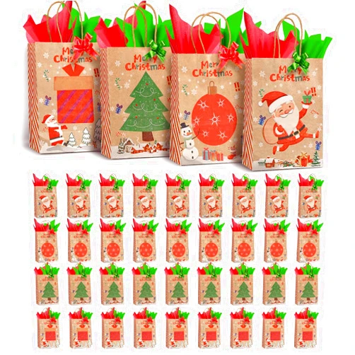 TIMBLESSING 36 Piece 13inch kraft paper gift Bags Bulk Party Gift Bag With 72 Sheets of Wrapping Paper, large size, Gift Bags for All Occasions (Christmas-No.1)