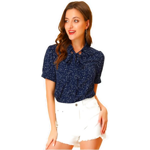Allegra K Women's Retro Blouses Printed Bow Tie Peter Pan Collar Chiffon Blouse