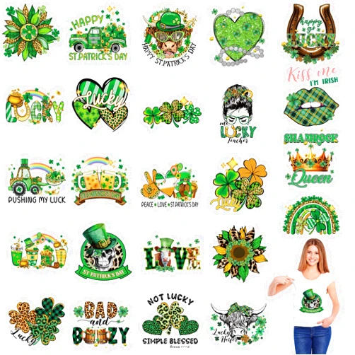 Gwalwdaw 24 Sheets St. Patrick's Day Iron on Patches Decals Shamrock Hat Patches Decals Green Iron on Transfers Decals for St. Patricks Day Women Kids T-Shirts Pillowcase Hats Clothing DIY Crafts Supplies