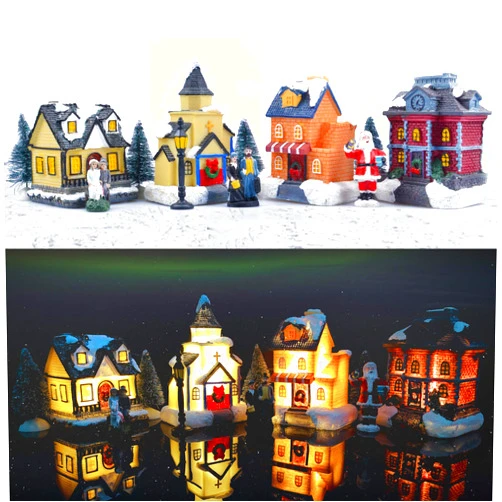 ZornRC LED Lighted Village Houses with Figurines, Indoor Room Decor - Collectible Buildings Set (12 PCS)