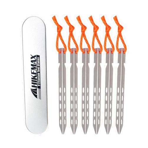 Hikemax Ultralight Titanium Tent Stakes 6 Pack - V-Shaped Tent Pegs with Reflective Pull Cords - Made for Camping