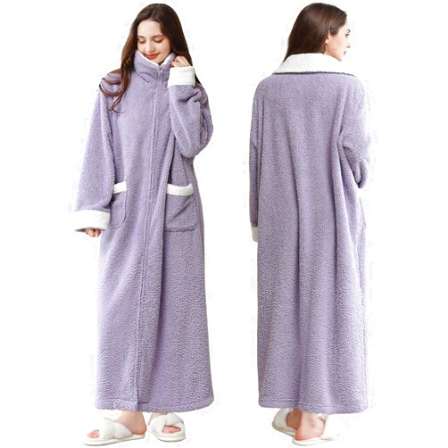 Oksun Womens Long Zipper Robe: Full Length Soft Fleece Warm Bathrobe - Cozy Fuzzy Winter Housecoat Plus Size
