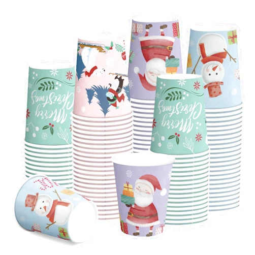 RUSPEPA Disposable Paper Cups 9oz - 100 Pack Set Polar Bear, Santa Claus and Snowman Design Printed Paper Coffee Drinking Cups, Thickened Paper Style for Hot/Cold Beverages, Home and Party Supplies