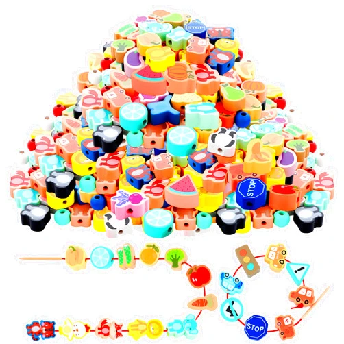 Shappy 65 Pcs Wooden Lacing Beads Toys Stringing Farm Animals Fruits Transportation Vegetable Lacing Beads Montessori Lacing Beads Strings Threading Toys Fine Motor Skill Toys for Education Activities
