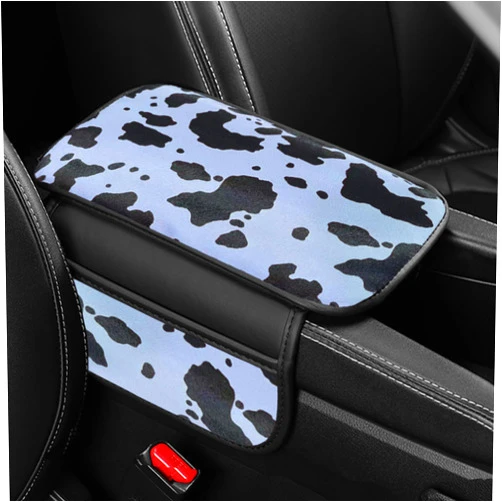 Forala Cow Print Car Center Console Cover PVC Leather Armrest Cushion with 2 Storage Bags Universal Car Armrest Seat Box Pad Car Interior Accessories Protector for Women Men (Blue Black)