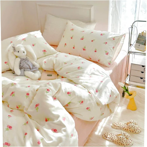 Nayoroom Pink Floral Duvet Cover Queen Size Cute Tulip Printed on White Comforter Cover 3Pcs Kids Girls Kawaii Cottagecore Bedding Set with Zipper Closure Soft Breathable Microfiber