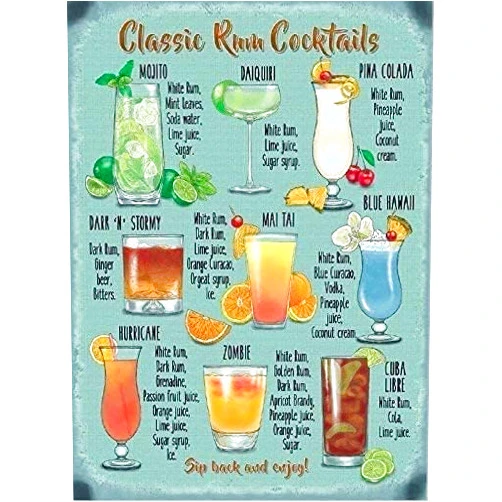 TNRYHTA Classic Recipe Cocktail Metal Tin Sign Rum Poster Painting For Indoor Farm Man Cave Bar Decor Art Poster-8x12in