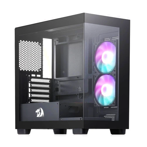 Redragon GC218M Gaming Back-Mounted PC Case, M-ATX Computer Chassis w/ 2 x 120mm Fans Pre-Installed & High Airflow Perforated Panels, 270° Full View, Easy Cable Management, Black