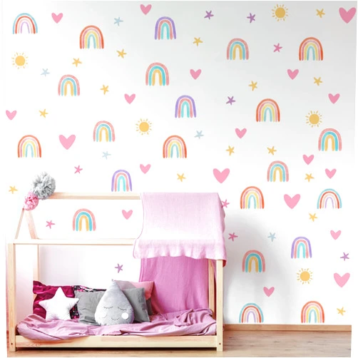 Epakh Rainbow Wall Decor Stickers Small Rainbow Decal Watercolor Heart Star Sun Wall Stickers Decor for Girls Boys Baby Bedroom Nursery(Classic Color)