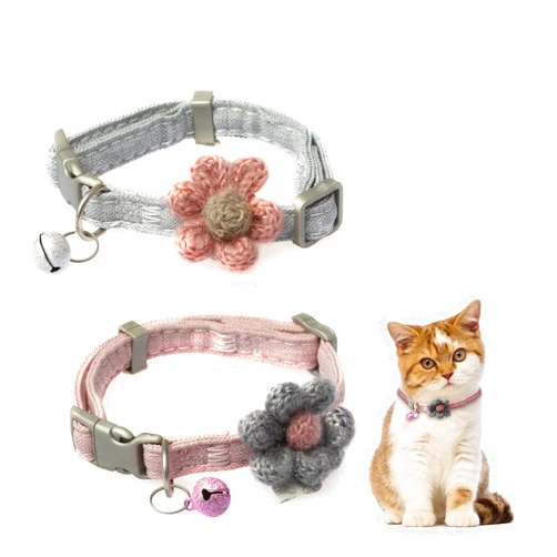GOUHRRY 2 Pack Cat Collars with Bells, Kitten Collar with Handmade Six Petals Flowers Collars Charms Kitten Collar Adjustable Breakaway Cat Dog Collar, Cute Flower Patterns Safety Collars (Gray+Pink)