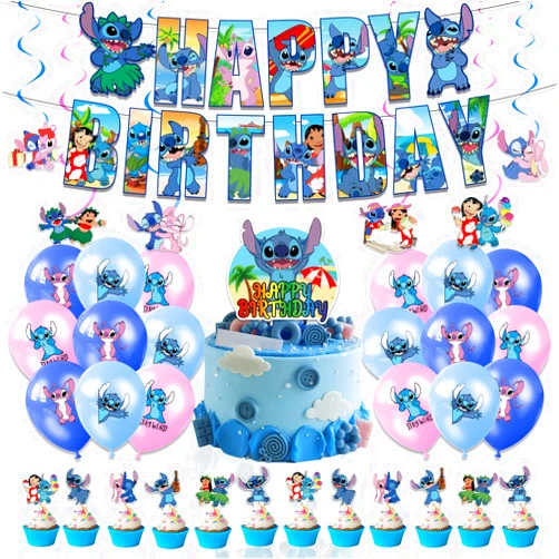 Rondlaho SDQ Birthday Decorations Party Supplies Stitch Party Favor Include Happy Birthday Banner, Cake Topper, Invitations Card, Cupcake Toppers, SDQ Party Decorations for Women Men Teens