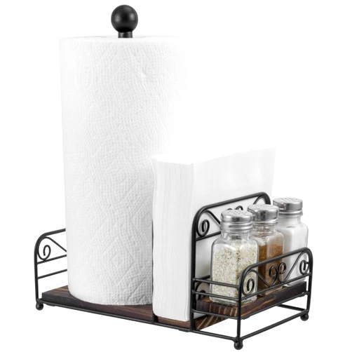 MyGift Matte Black Metal Wire Scrollwork Paper Towel Roll Holder Combo Caddy with Rustic Burnt Solid Wood Base, Napkin Holder, and Spice Rack