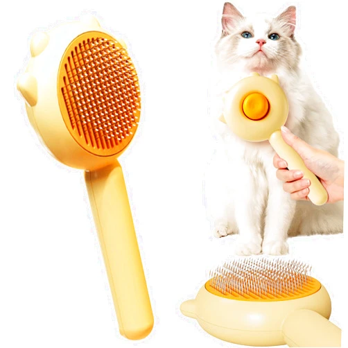 HKAOGNR Cat Brush, Pet Grooming Brush, Pet Hair Cleaner Brush for Cats and Dogs, Self Cleaning Cat Brush, Magic Pet Comb Easy Removes Tangles Loose Hair for Short or Long Hair Cats Dogs (Yellow)