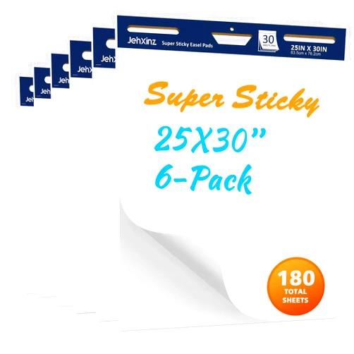 JehXinz Super Sticky Easel-Pads, 25 x 30'' Flip Chart-Paper for Teachers – Large Whiteboard Dry-Erase-Board Paper – Ink Bleed-Resistant - 25 x 30 inch - 30 Sheets/Pad, Pack of 6