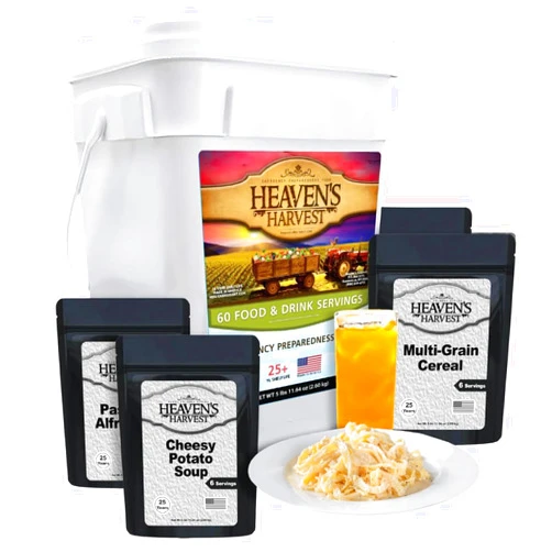 HEAVEN'S HARVEST Heaven’s Harvest 25-Year Family Food Kit — Emergency Food Supply. Freeze Dried Survival Food Kit + Water-Proof 25-Year Storage Bucket. MRE Meals/Non-Perishable & Perfect Camping Food (60 Servings)