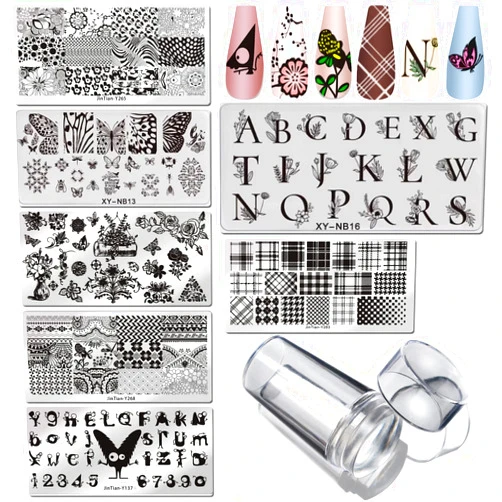 LoveOurHome Nail Stamping Plate Kit Letter Butterfly Lace Geometry Floral Fingernails Template Stencil Stamps Plate Silicone Stamper Scraper Manicure Design Tools Set (Letter)