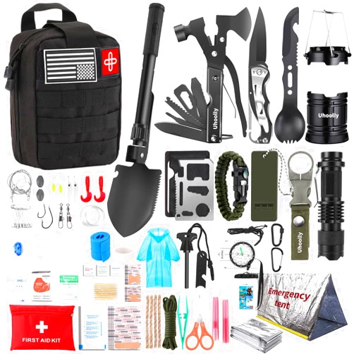 Uhoolly Survival Kit, Gifts for Men Women Teen Boys, 252 pcs Survival Gear and Equipment Mini First Aid Kit for Car Home, Emergency Kit with Molle System for Earthquake, Outdoor Adventure, Car Travel