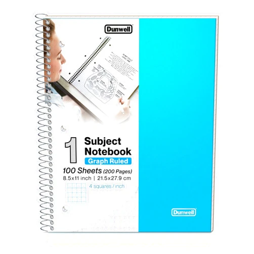 Dunwell Graph Paper Notebook 8.5 x 11 (Blue) Plastic Cover, 100 Sheets (200 Pages), 4x4 Squares, 1 Subject Graph Paper Spiral Notebook, 1/4