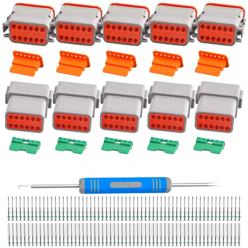JRready Deutsch Connector 12 Pin Connector Kits with 16 Solid Contacts(14-20AWG), ST6328-12 DT Series Waterproof Connector 12 Pin 5 Sets and Deutsch Pin Removal Tool DRK-RT1B with Mounting Clips
