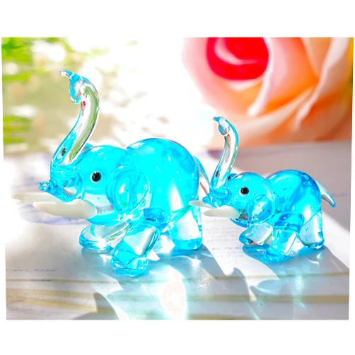 H&D HYALINE & DORA 2pcs Hand Blown Glass Elephant Figurines, Art Glass Elephant Animals Collection Craft Home Table Decor Gift, Blue
