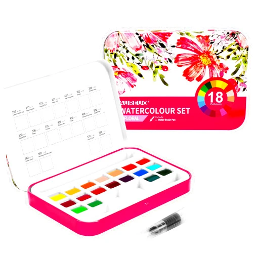 AUREUO Travel Watercolor Paint Set - 18 Floral Water Colors Half Pan Portable Tin Box, Small Sketch Pocket Watercolor Painting Kit for Adults, Beginners & Artists