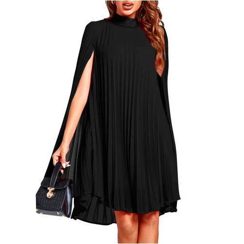 Rooscier Women's Mock Neck Cloak Sleeve Pleated Keyhole Back Flowy Party Midi Dress